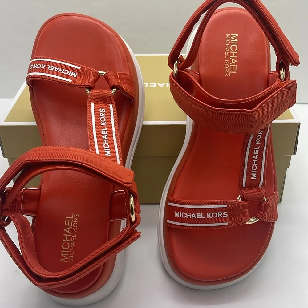 MICHAEL KORS Katrina Nylon Sport Platform Sandal Red Clay  New
